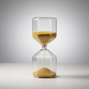 Transparent glass hourglass with golden sand, 4-minute timer
