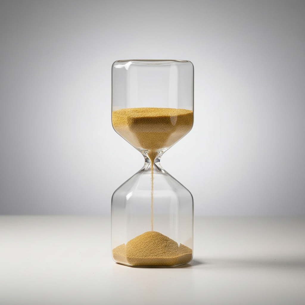 Transparent glass hourglass with golden sand, 4-minute timer