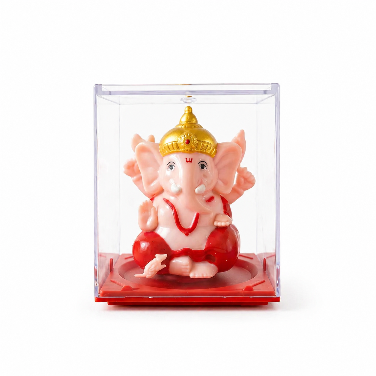 Small red and gold Ganesha idol with movable hands for home and festive décor