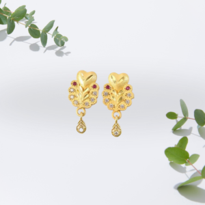 Gold stud earrings with floral motif, central stone, and teardrop charm
