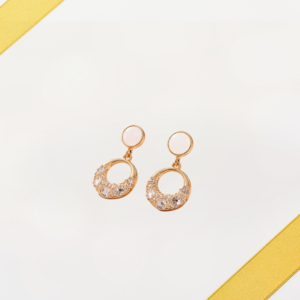 Gold round crystal drop earrings with pearl top and shimmering accents